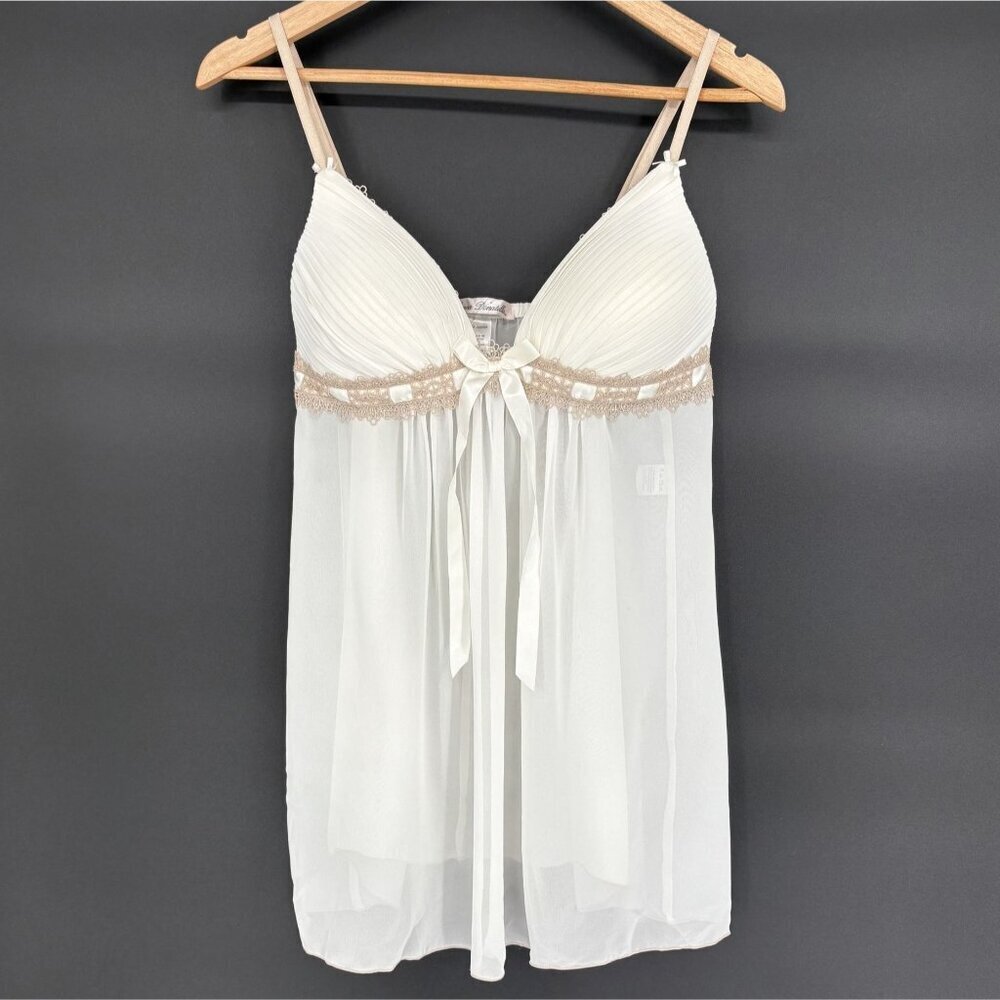 Linea Donatella Women's Sheer Babydoll Lingerie L Ivory Lace Trim Chemise